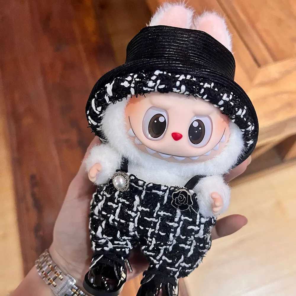 Cute Plush Overalls Set with Knit Hat & Heart Buckle for 17cm Labubu Sitting Party Dolls DIY Gift AccessoriesT260304