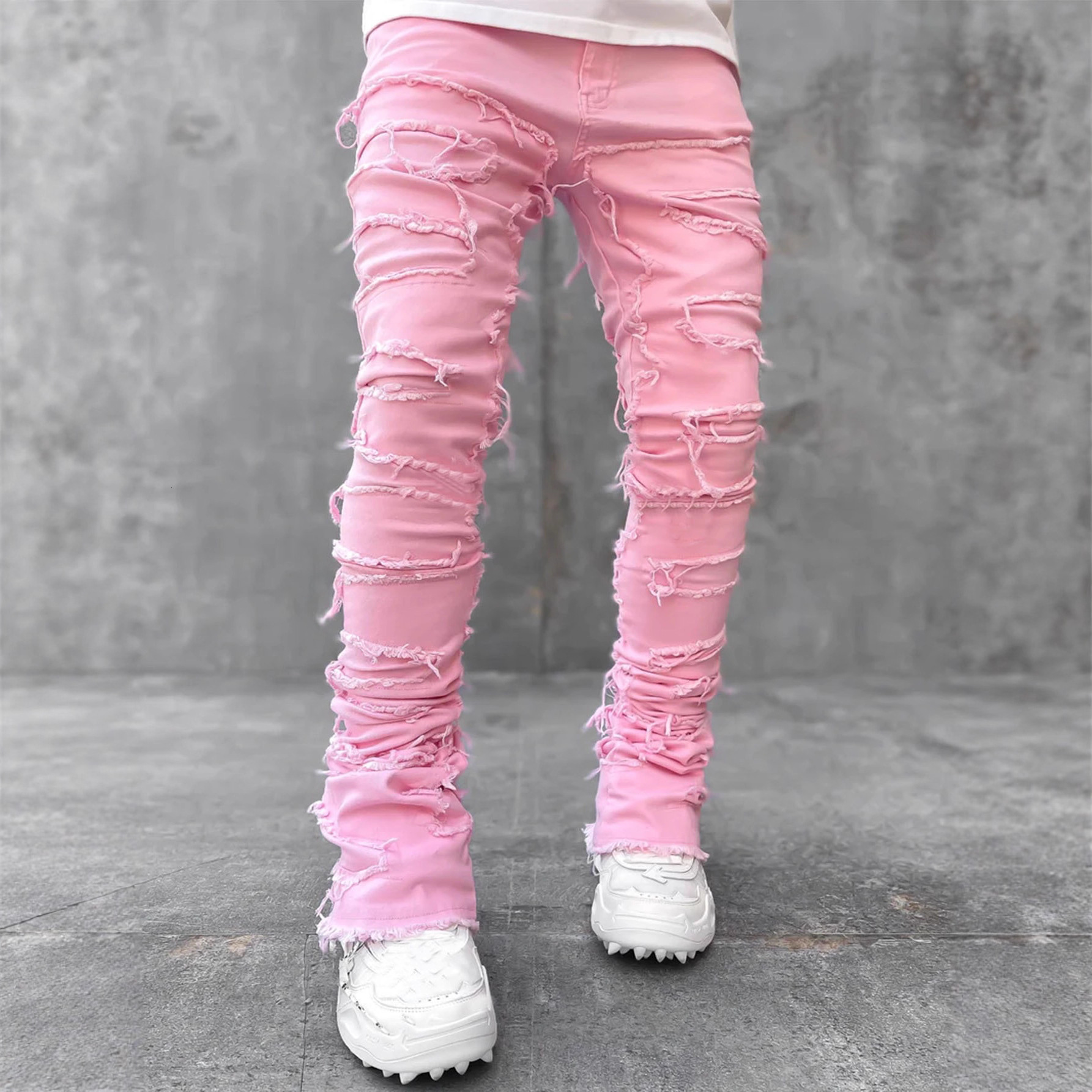 New Men's Denim Casual Designer Pants Versatile Straight-leg Pants European And American Street Fashion Ins Elastic Patch