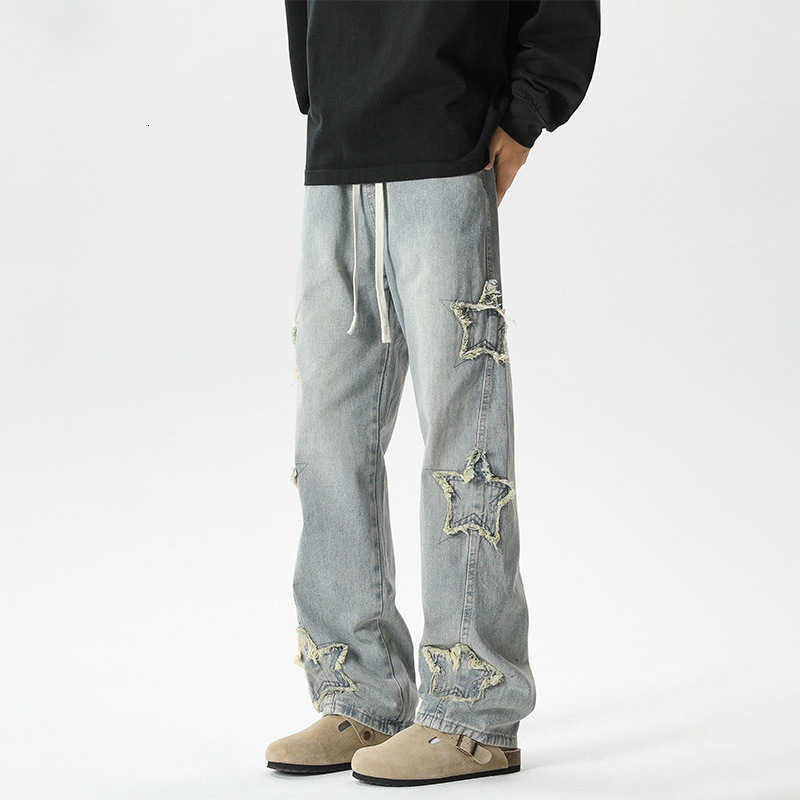 Five-pointed Star Embroidered Jeans European And American Hip Hop Street Style Designer Pants Pants Men's Unique Design Niche OOTD Outfit Straight-leg Pants