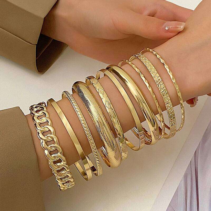 10 Pcs Punk Trendy Multilayer Bracelets Set for Women Elegant Delicate Twist Sparkling Adjustable Bangles Jewelry Couples Gifts XJ260303