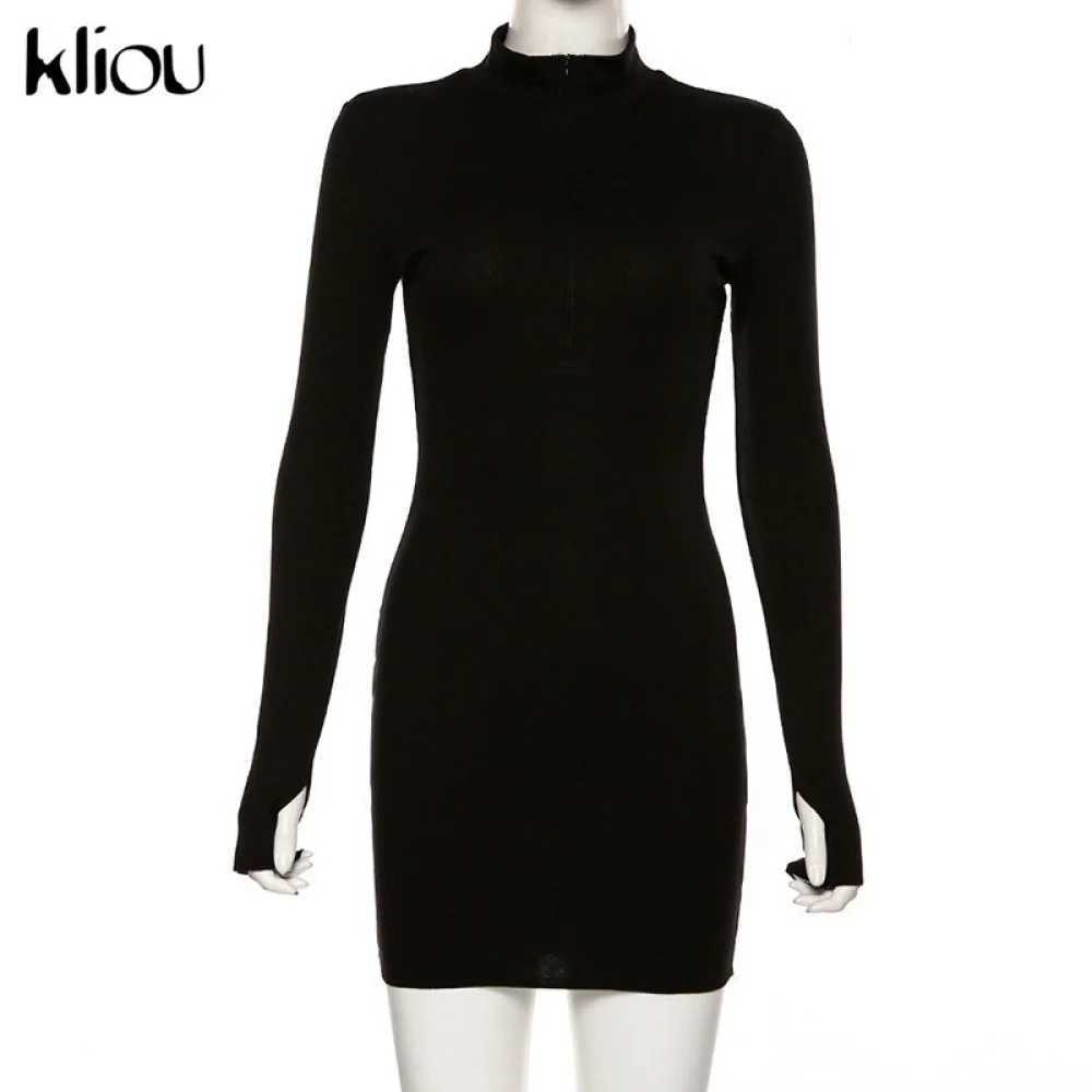 SylCue Casual Fashion Mini Dress Woman Zip Round Neck Full Sleeve Shape Waist Look Slimmer Street Simple Elegant Style Bodycon M260304