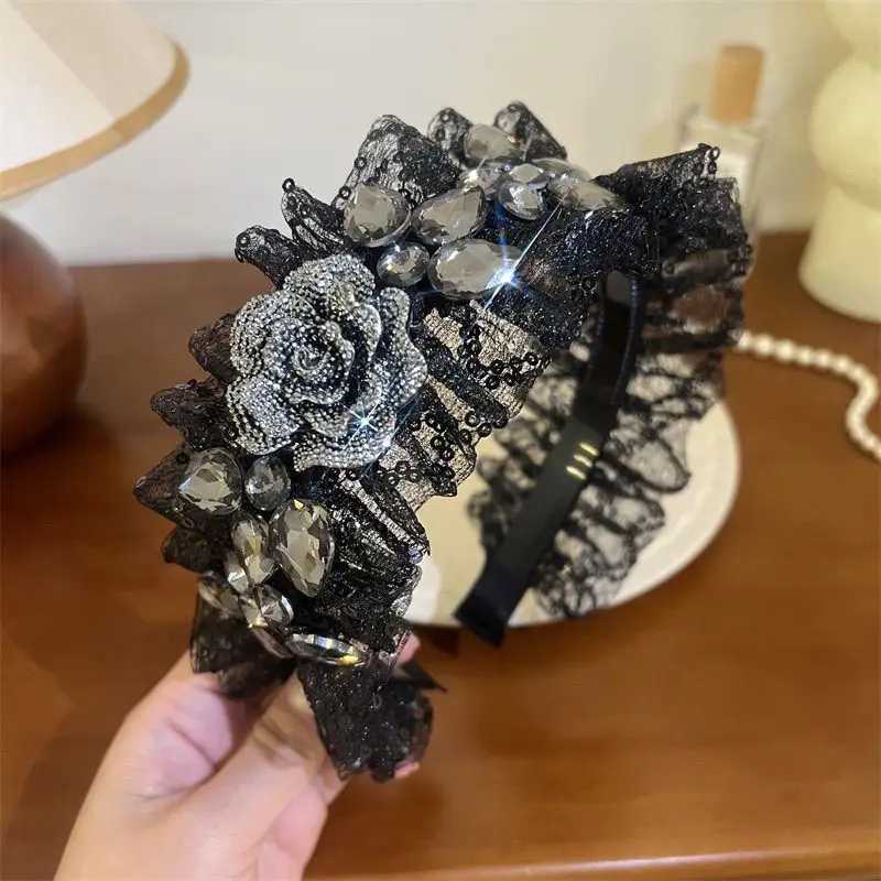 Female Casual Hairpin New Headwear 2025 Korean Style Women Black Lace Rhinestone Flower Hairband Headband Wide Edge Hair Clip H260304 - view 7