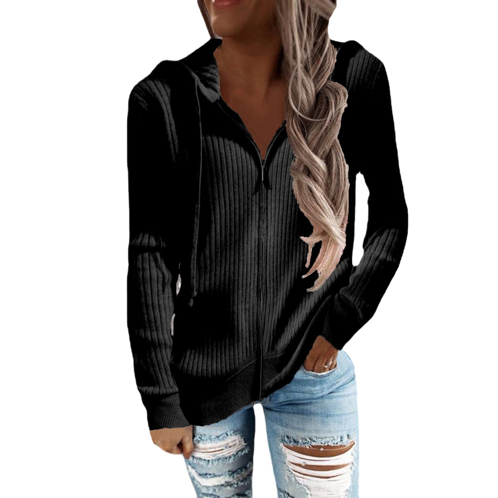 Gray Zip Up Knitted Hooded Jackets Women Pockets Details Solid Simple Basic Minimalist Slim Long Sleeve Hoodies Knitwear 240824