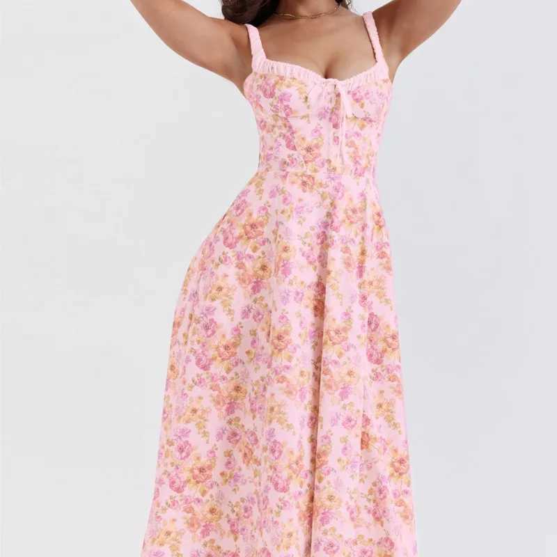 Summer Elegant New Sexy Patchwork Printed Strappy Dresses Women Fashion Slim Lace-up Long Dress Ladies Holiday Party Dress M260304