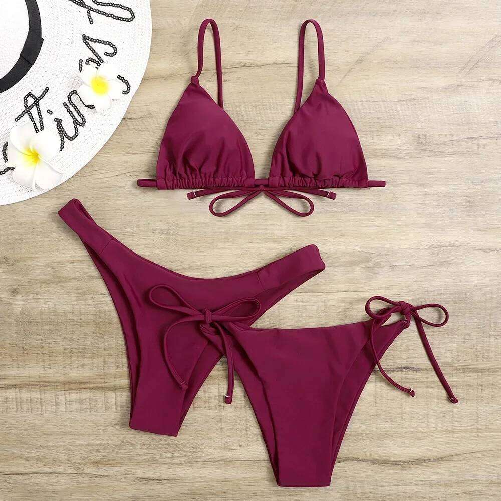 Sexy 3 Piece Bikini Set Women Solid Blue Purple Push Up Bandage Triangle Swimsuit Brazilian Beach Bathing Suit Swumwear Biquini Y260303