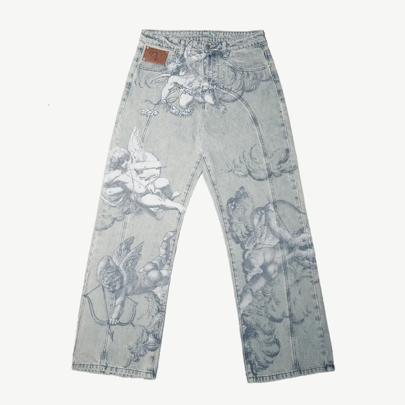 Mens Jeans Harajuku Y2K Angel Baggy Denim Pants Retro High Street Print Loose Straight Fit American Hip Hop Streetwear 260228