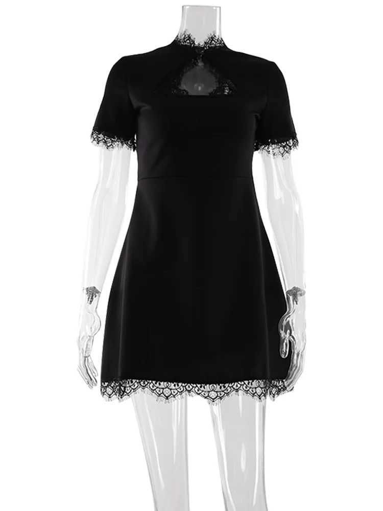 Lace Patchwork Hollow Out Bodycon Sheath High Collar Women Dresses Half Sleeves Outfits Sexy Club Fashion Female Mini Vestidos M260304