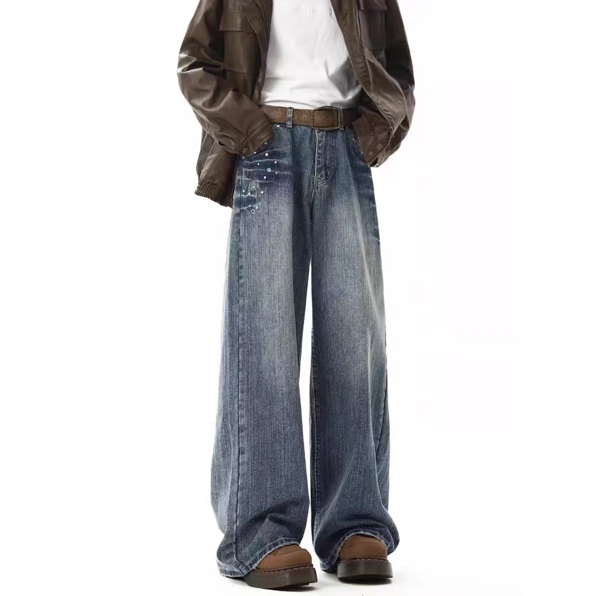 Men's Bamboo-patterned Jeans Spring/summer American Retro Casual Straight-leg Wide-leg Oversized Designer Pants Washed Long Pants