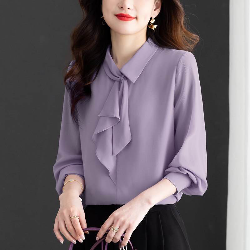 Green French-style Elegant Chiffon Blouse For Women Designer Polo Shirt Hoodie Spring New Design Designer Shirt Stylish And Youthful With Ribbon And Long Sleeves
