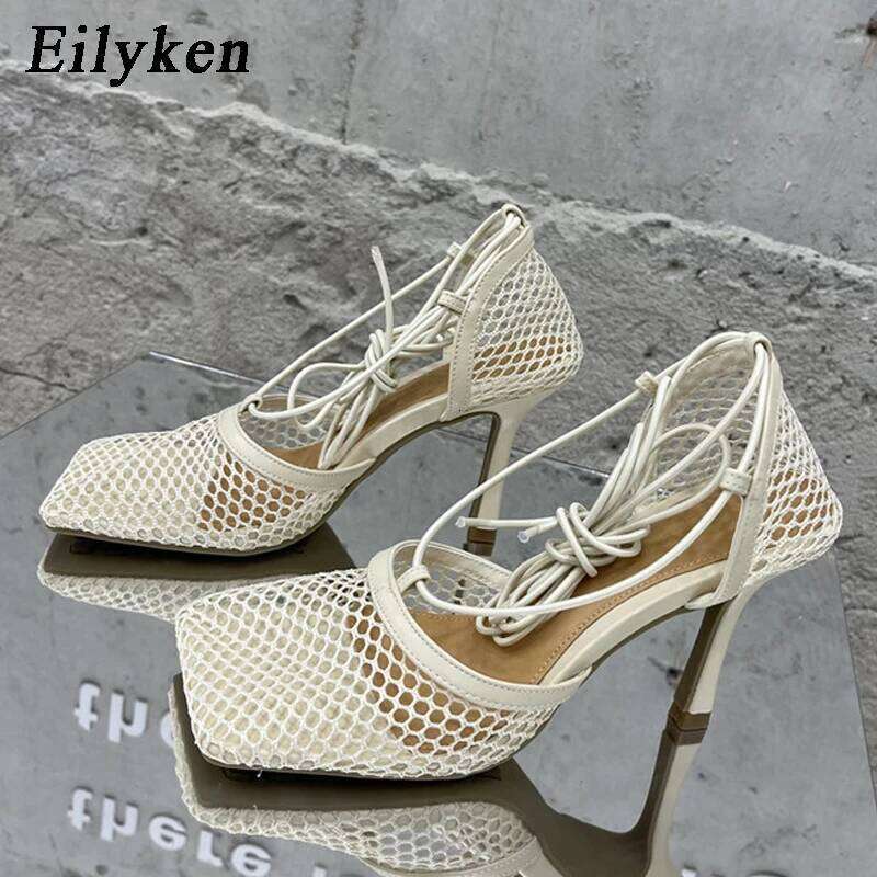 Eilyken Sexy Mesh Pumps Sandals Female Square Toe High Heel Lace Up Cross Tied Stiletto Hollow Dress Shoes Zapatos Mujer MOJIDASHU