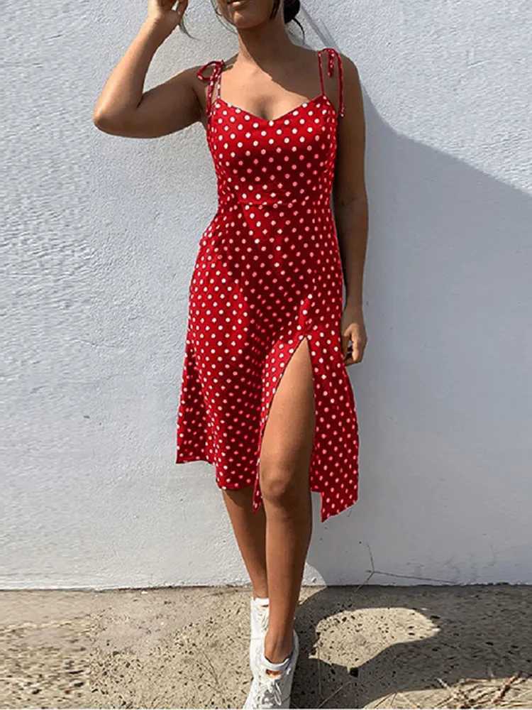 Dresses Sundress Summer Women Causal Polka Dot Sleeveless High Pleated elastic waist V-Neck Beach Dress Vestidos De Verano M260304