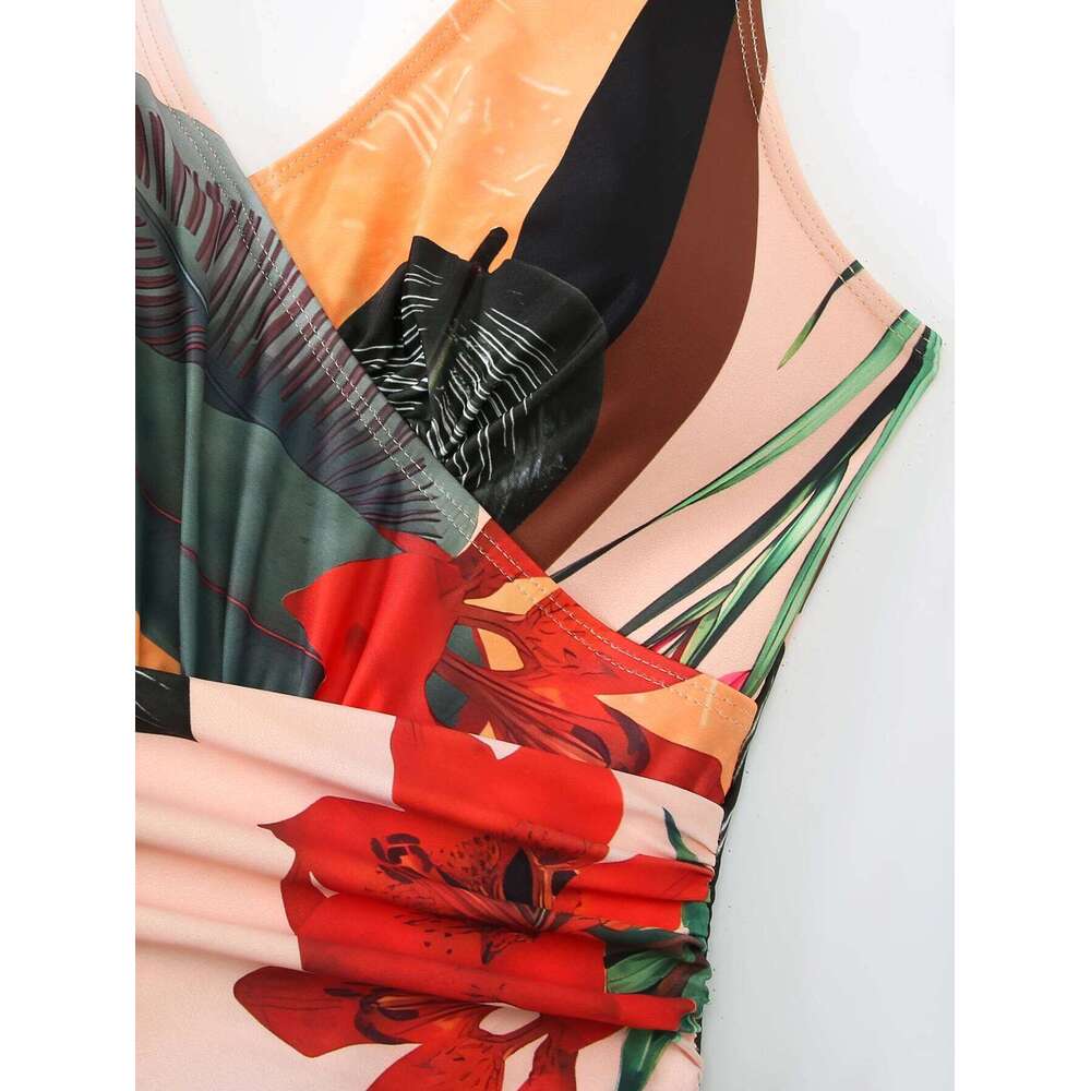 Summer retro digital printed lace up women's beach vacation one-piece swimsuit gauze skirt 2-piece set Y260303