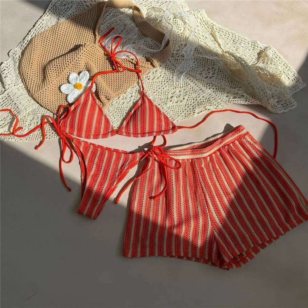 Orange Striped Swimwear Halter String Triangle Bikinis Sets 3 Pieces Bottoms Shorts Mini Micro Thong Sexy Swimsuit Woman 2025 Y260303