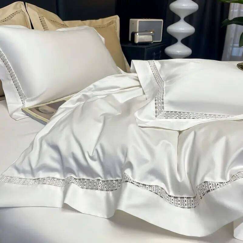 4Pcs Luxury 1000TC Egyptian Cotton White Hotel Style Bedding Set Hollow Wide Edge Duvet Cover Bed Fitted Sheet Pillowcases C260304