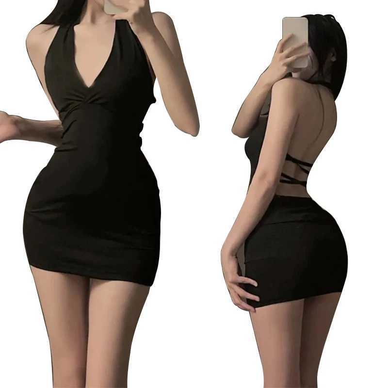 Women Sexy Halter Backless Slim V-neck Wrap Black Party Night Mini Dress M260304
