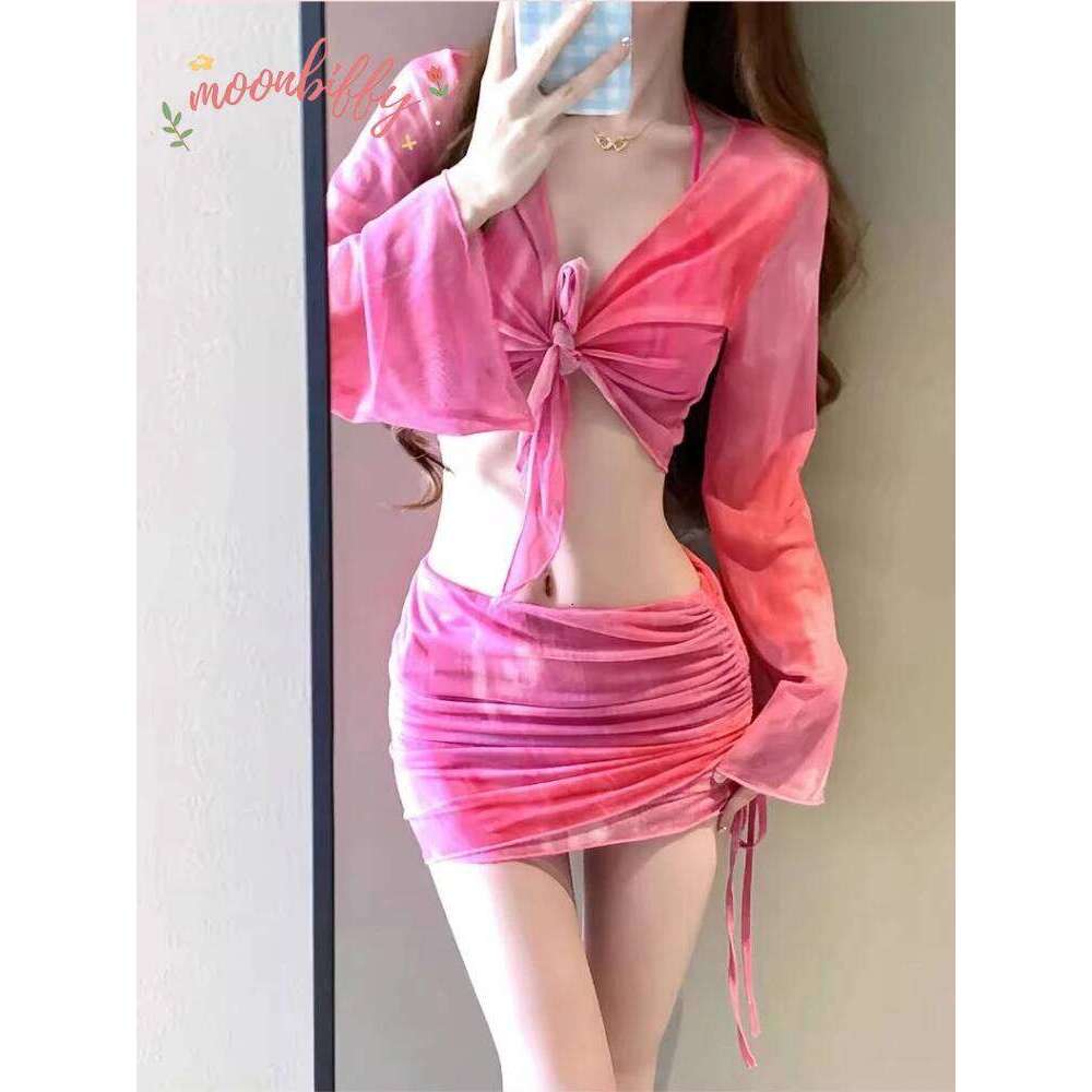 Korean 4 Piece Bikini Set Women Blue Tie Dye Mesh Long Sleeve Cover Up with Pleate Skirt Swimsuit Beach Bathing Suit Swimwear Y260303