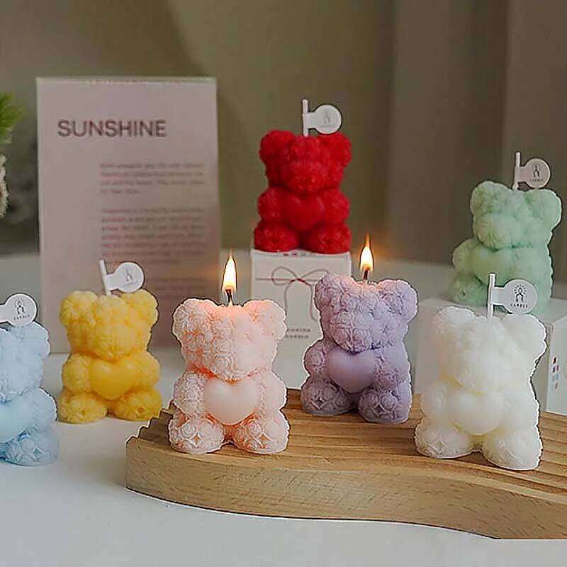 Pink Teddy Bear Scented Aesthetic Decorative Candles Home, Personalized Smokeless Candles, Gift Set for Guests W260304