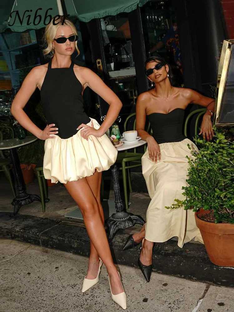 Nibber Halter Backless Dress Women Bandage Knot Ballet style Sleeveless Contrast Patchwork Trend Elastic Streetwear Mini Bodycon M260304