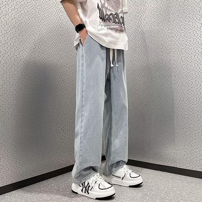 Regular Straight-leg Youth Spring-summer Non-stretch Mid-high Waist Light Blue Jeans For Men Designer Pants American Retro Loose Straight-leg Pants