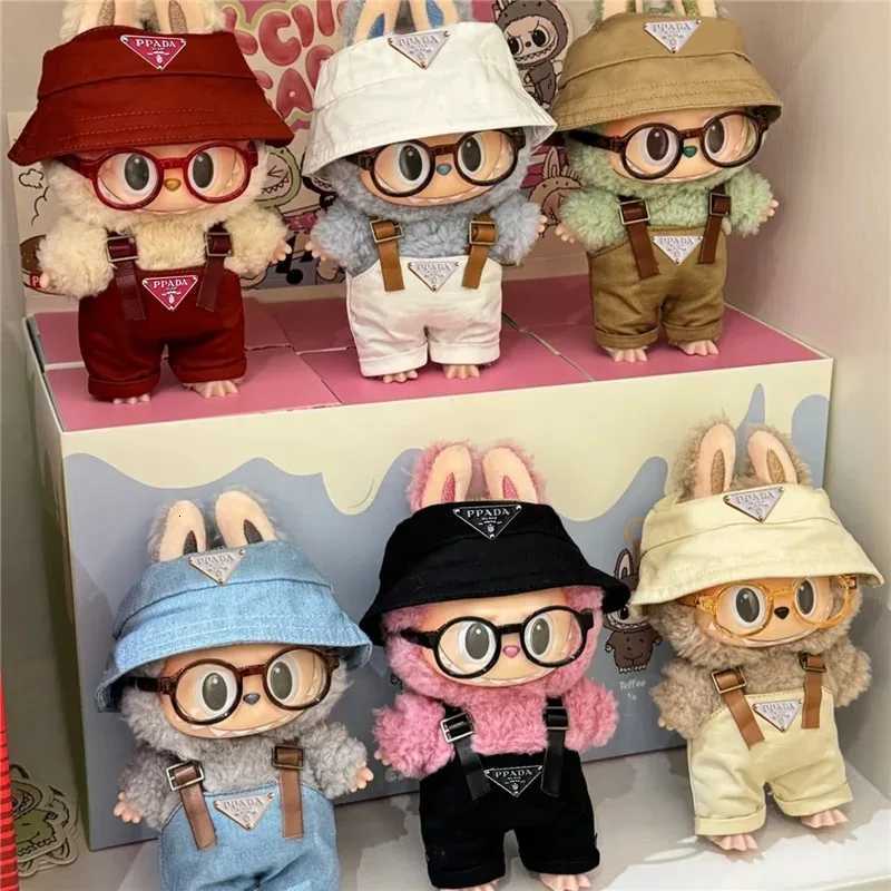 Luxury Triangle Badge Set with Bucket Hat, Overalls & Retro Glasses for 15cm 17cm Labubu Dolls Trendy Outfit AccessoriesT260304