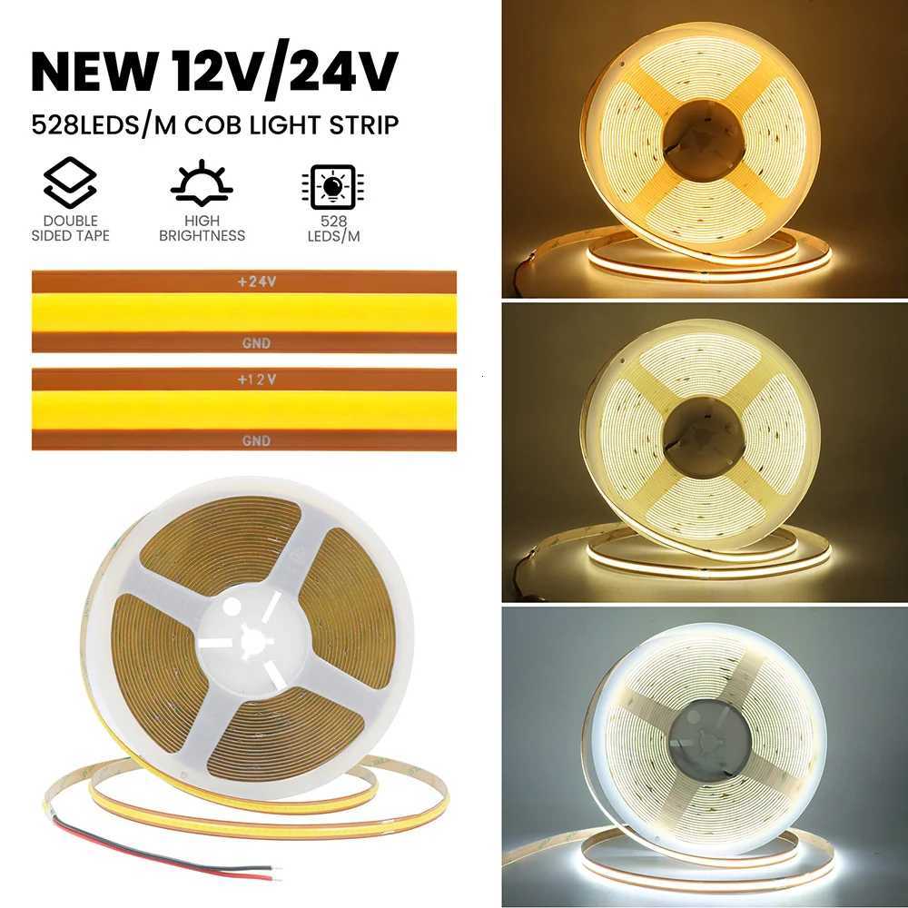 COB LED Strip Light Free Cut 12V 24V 1m 2m 5m 10m 05m Flexible Tape 528LEDs/M High Density Linear Lighting Warm/Natural White H260304