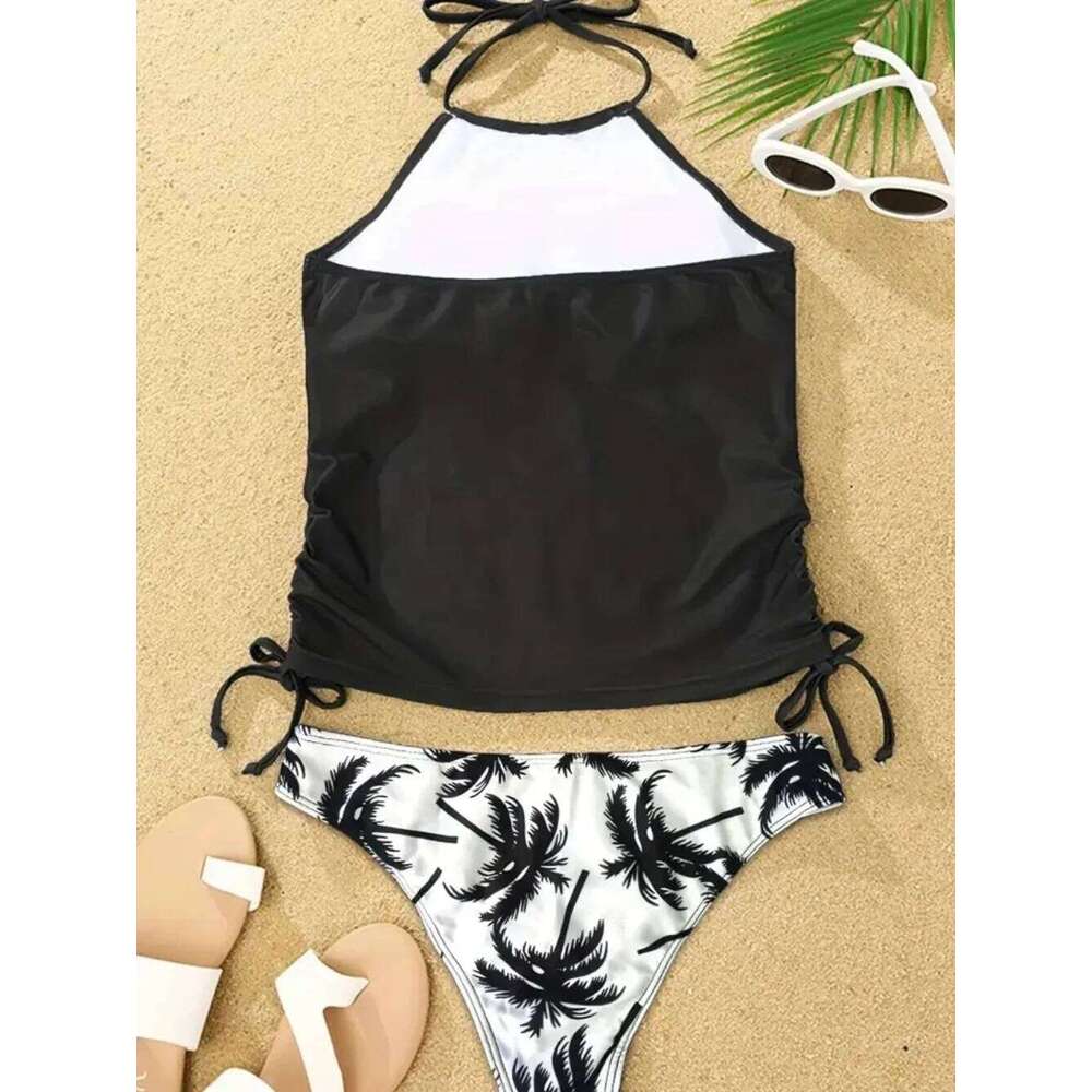 Sexy Solid Print Tankini Set Tied Halter Women Swimwear Biquinis Summer Backless Beach Bathing Suit One Piece Swimsuit Y260303