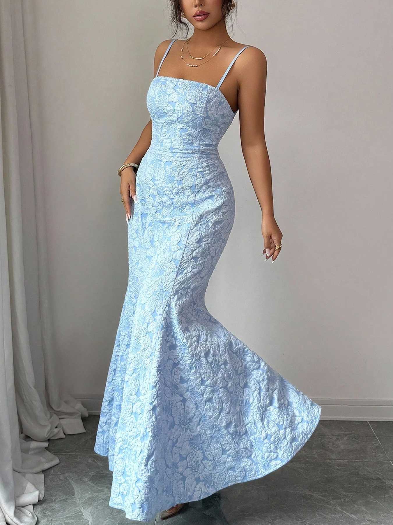 Womens Mermaid Dress Light Blue Spaghetti Strap Backless Lace-Up Maxi Skirt Formal Prom Spring Summer Elegant Evening Gown M260304