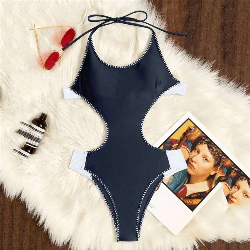 Sexy Halter String Backless Swimsuit One Piece Hollow Out Monokini Black White Patchwork Swimwear Woman 2025 Summer Bathing Suit Y260303