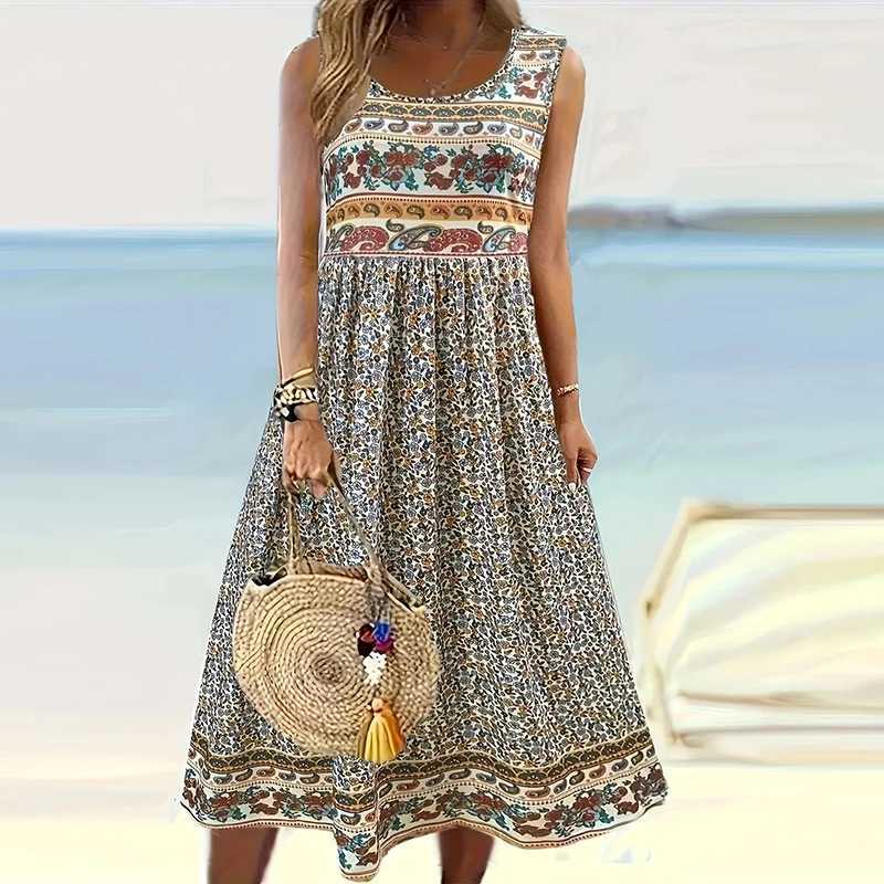 Summer Bohemian Dresses For Women Casual Sleeveless Long Dress Women Vintage Printed Beach Party Dress Plus Size Boho Vestidos M260304