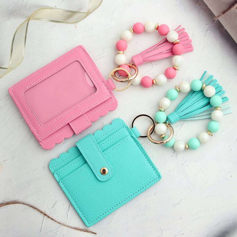 2024 Bead Solid Card Bag Wristlet Keychain Silicone Beaded Bracelet Leather Tassel Wallet Bangle C260304