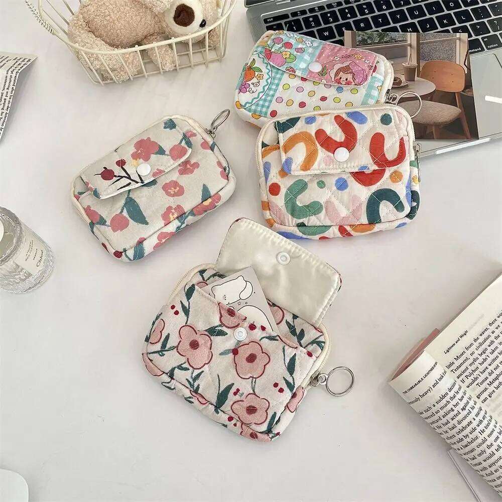 Kawaii Floral Coin Purse Cartoon Printing Multifuctional Small Makeup Lipstick Bag Korean Style Card Holder C260304
