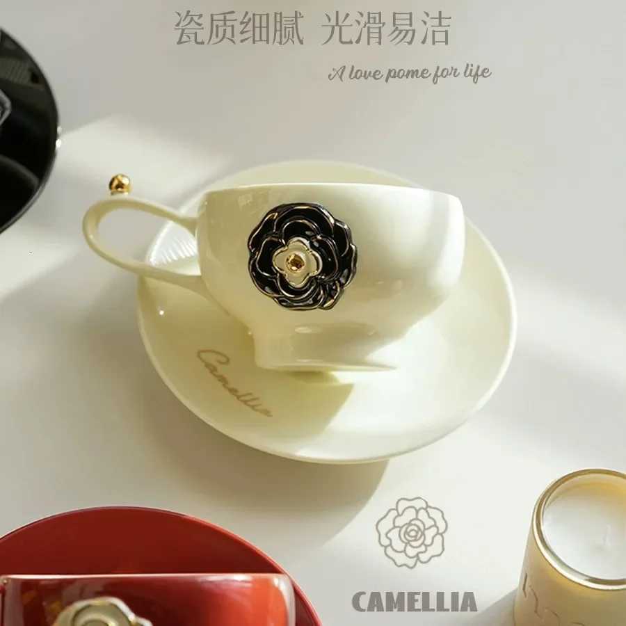 Camellia Ceramic Light Luxury Niche Premium Coffee Cup and Saucer Set Household Afternoon Tea Latte CupSuit280mlT260304
