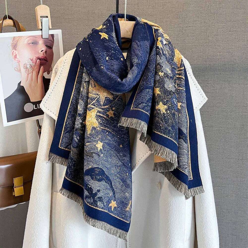 Autumn/Winter Warm Scarf 185*65cm Star Print Tassel Shawl Women's Imitation Cashmere Thickened Warps Coldproof Windproof Blanket XJ260304