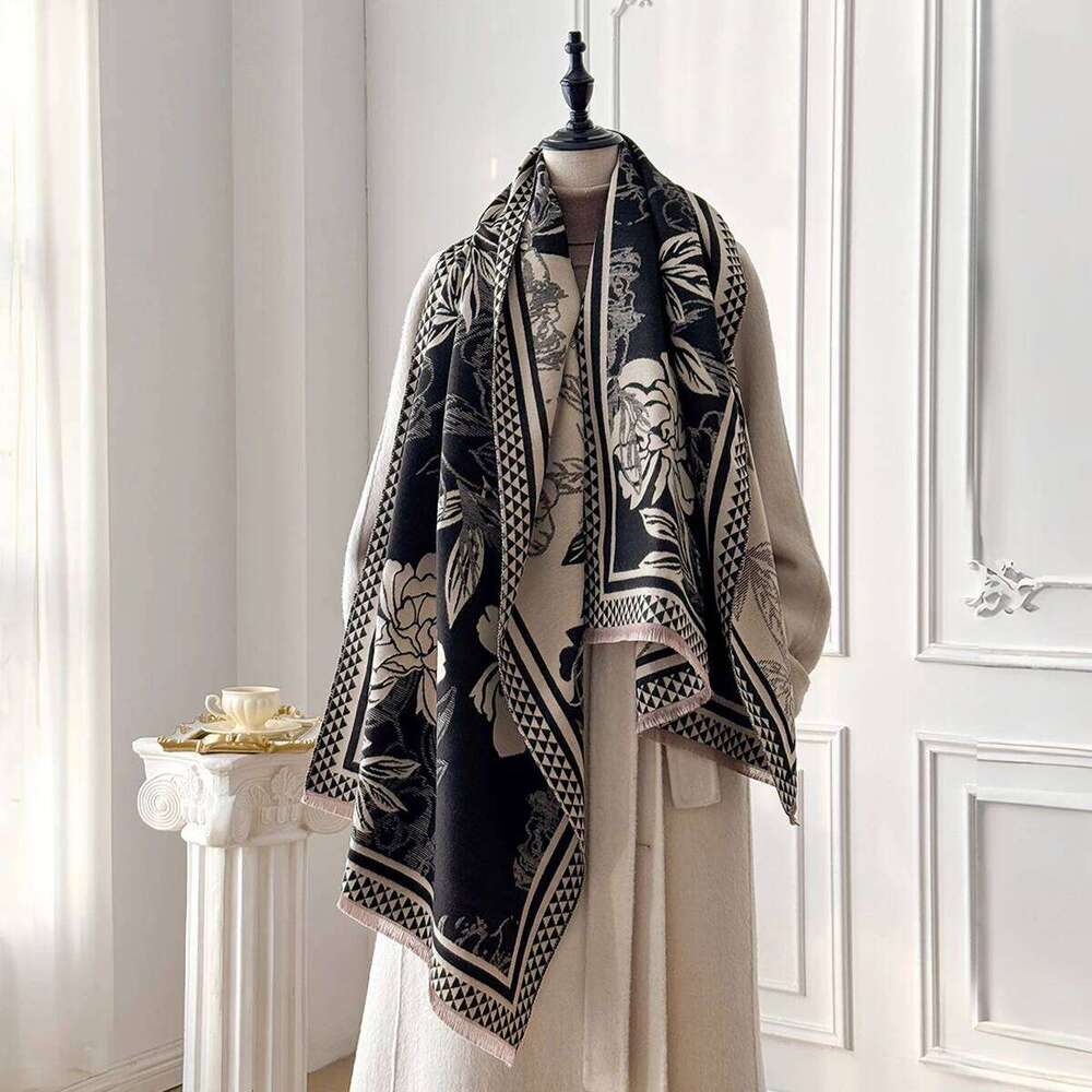 Women's Imitation Cashmere Flower Printed Scarf Lengthened Thickened Warm Shawl Winter Fashion Accessory XJ260304