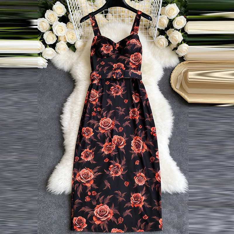 Vintage Floral Printed Slim Halter Dress Elegant Sleeveless High Waist Wrap Hips Dress Lady Backless Sexy Evening Party Dresses M260304
