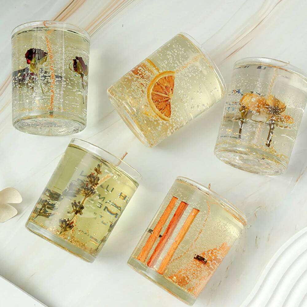 1Pc Handmade Smokeless Aromatherapy Candle - Dried Flower Jelly Wax in Creative Glass Cup for Home Fragrance Decor & Party Gift W260304