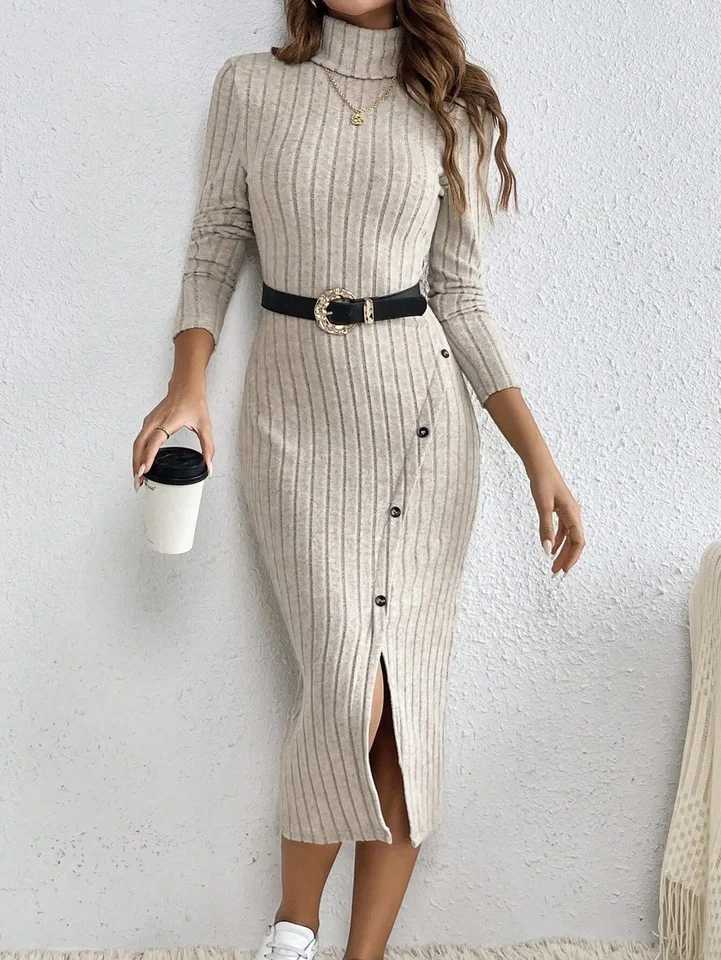 French High Collar Hollow out Side Split Ribbed Dress Elegant Classy Style Womens Fashion M260304
