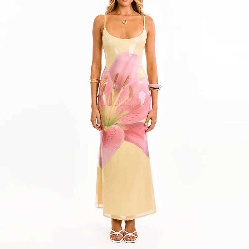 Summer New Sleeveless Halter Slim Vacation Dress Elegant Lady High Waist Dress Fashion Big Backless Floral Printed Sequins Dress M260304