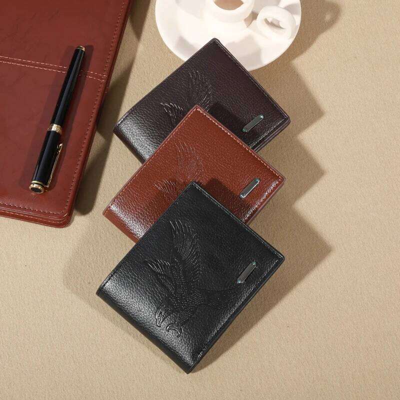 Eagle-Embossed Black PU Leather Men's Wallet: Waterproof Scratch-Resistant with Plaid Detail, Large Capacity & Multiple Card S C260304
