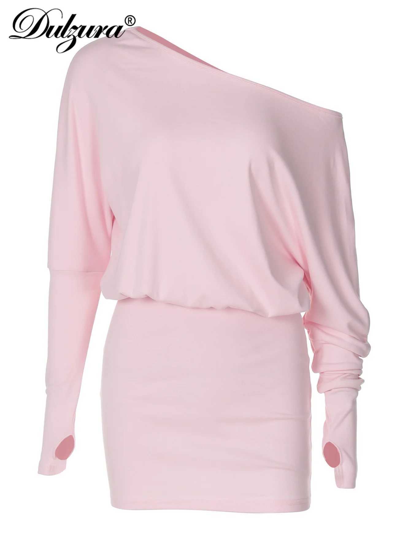 Dulzura Sexy Long Sleeve Mini Dress Oblique Shoulder Solid Simple Dresses Party Club Birthday Vacation Date Y2K Women Clothes M260304