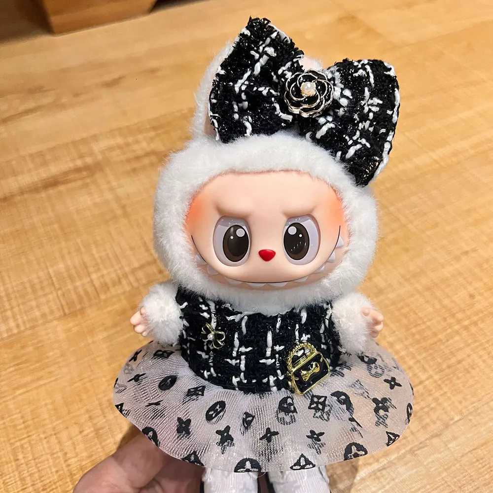 Cute Plush Overalls Set with Knit Hat & Heart Buckle for 17cm Labubu Sitting Party Dolls DIY Gift AccessoriesT260304