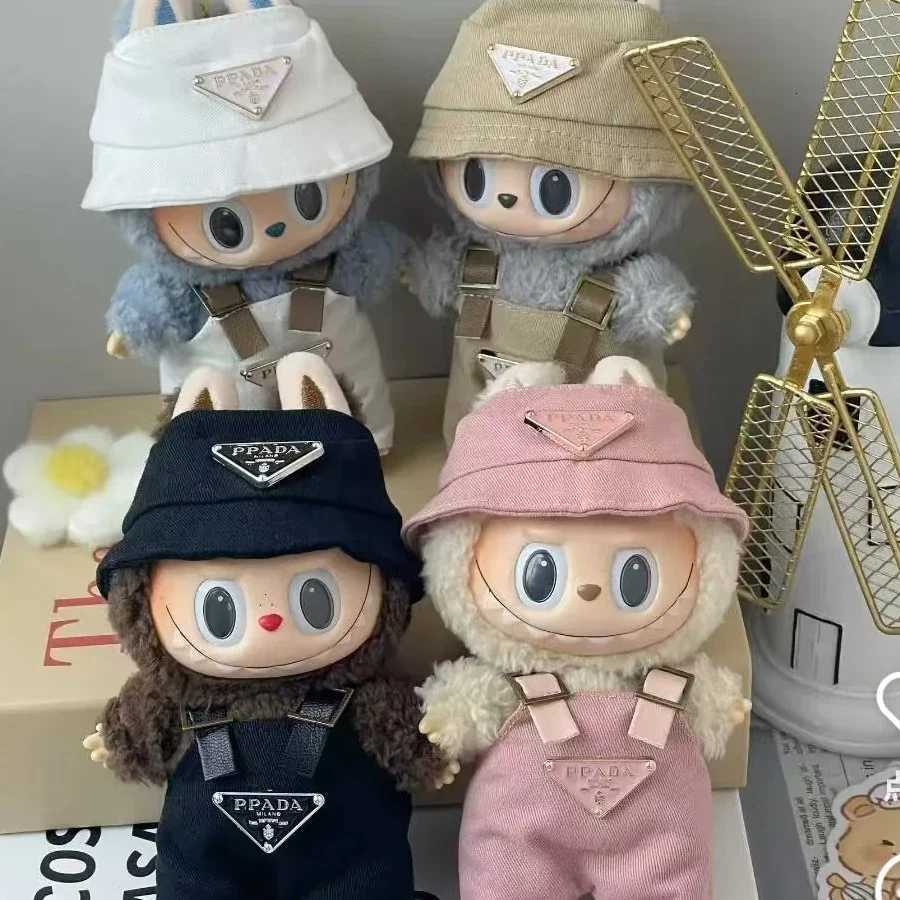 15/17cm Labubu Pink Overalls & Hat Set, Luxury Doll Outfit with Triangle Logo for Party & Fashion AccessoriesT260304