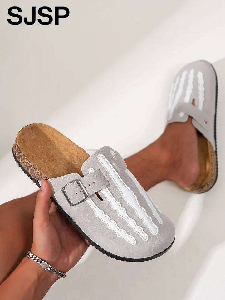 Men's New Half-Slip Halloween Trendy Skeleton Print Slip-On Closed-Toe Low-Top Buckle Strap Casual Slippers, Indoor Outdoor Wear, Spring, Summer,