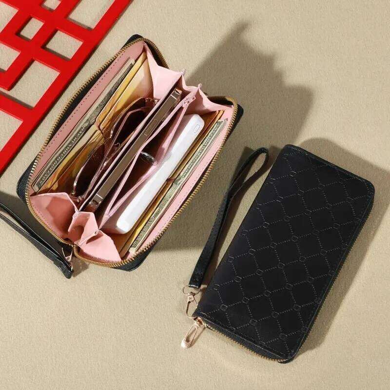 Trendy Solid Color Long Wallet, Zippers Clutch Coin Purse, Women's Faux Leather Card Holder With Wristband C260304