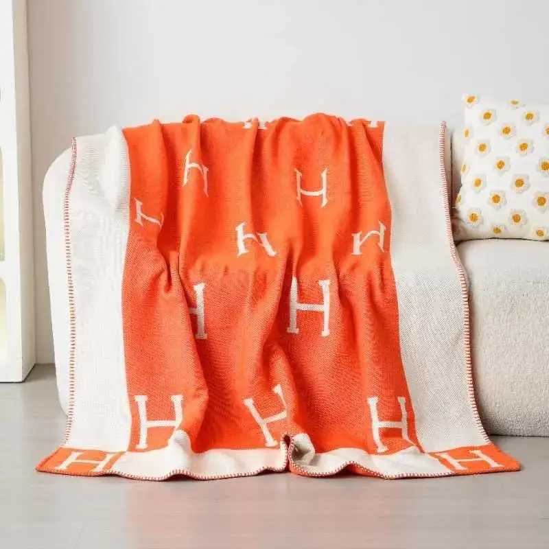 Luxury H Jacquard Knit Throw Blanket, Reversible Orange & White for Couch, Office Nap, and All-Season UseT260304