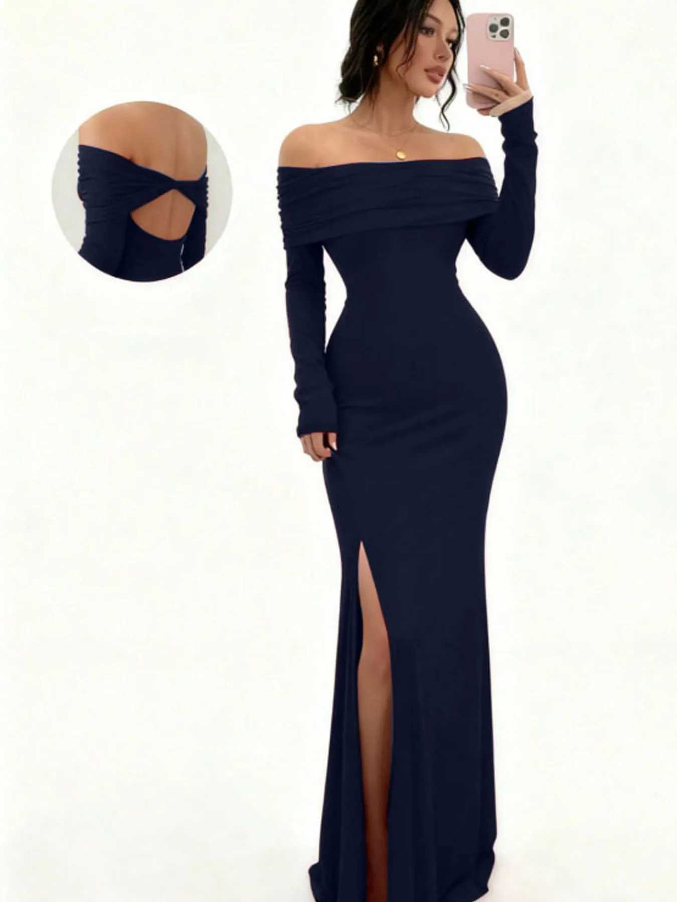 Womens Off-Shoulder Bodycon Dress - Long Sleeve High Slit Bandage Dress Chic Figure-Hugging Midi M260304