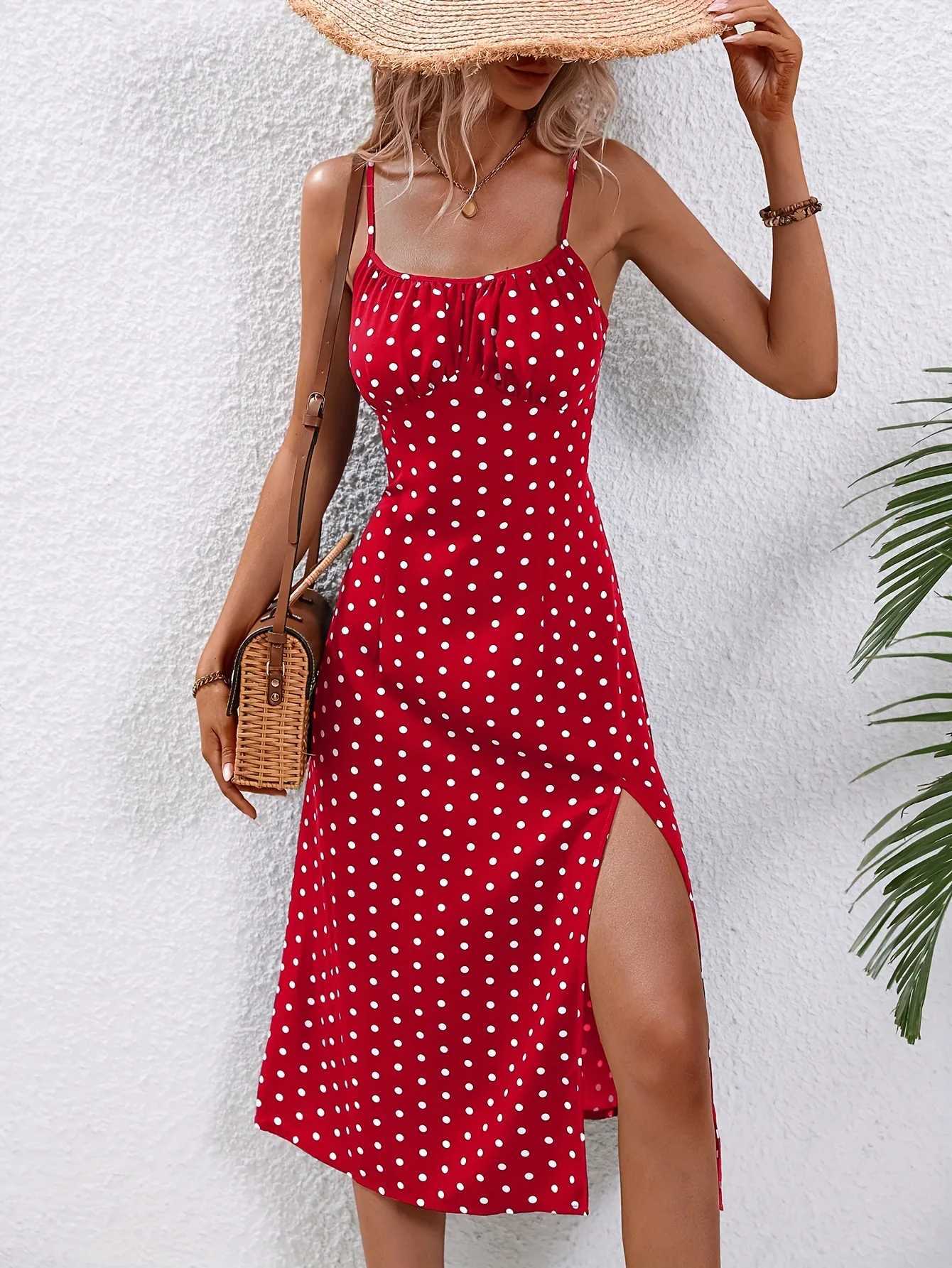 2024 Women Floral Print Spaghetti Straps Summer Boho Beach Dress Print Elegant Suspenders Square Neck Slit Dress Vestidos M260304