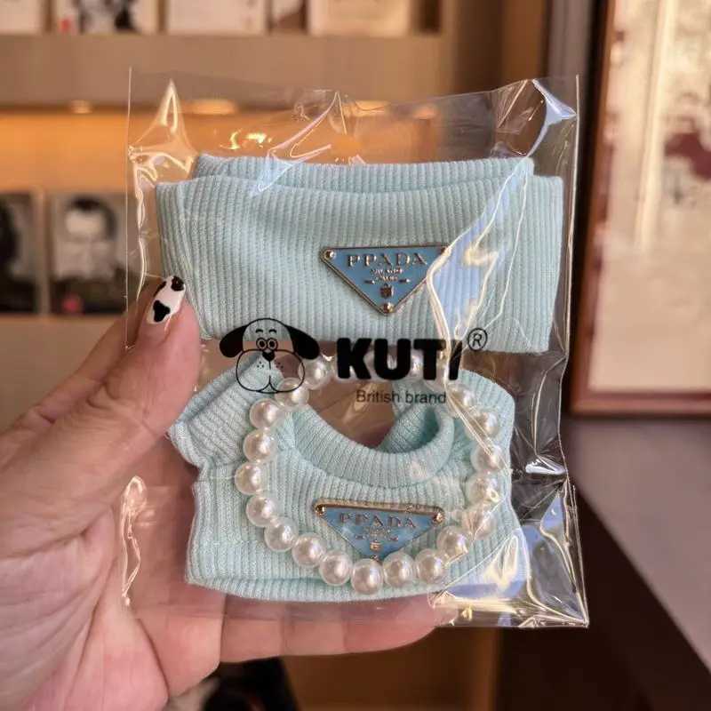 Light Blue Knit Set with Triangle Badge Beanie, Sweater & Pearl Necklace for Labubu Dolls Luxury Outfit AccessoriesT260304