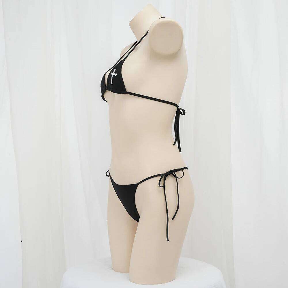Sexy Bikini 2024 Women Cross Embroidery Split Bathing Suit Underwear Lingerie Goth Swimsuit Low Waist Bikinis Beach Swimwear Y260303