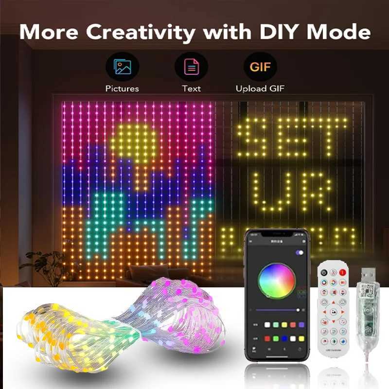 Bluetooth App LED String RGB Fairy Lights 2m2m/3m Smart Curtain Lights DIY Music Change Display for Window Bedroom Decoration H260304